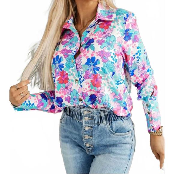 NEW SHIYING FASHION flower print button-up slim-fit long sleeve shirt in sky blu - Picture 1 of 3
